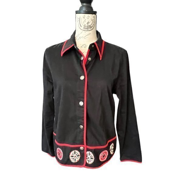 Ruby Rd Embroidered Edge‎ Beaded Jacket Snap up Size 10 Stretch BOHO Preppy EUC - Picture 1 of 16